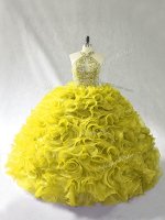 Olive Green Halter Top Lace Up Beading and Ruffles 15 Quinceanera Dress Brush Train Sleeveless(SKU PSSW1091-4BIZ)
