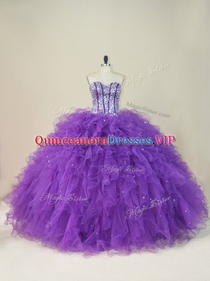 Sumptuous Floor Length Lace Up 15 Quinceanera Dress Purple for Sweet 16 and Quinceanera with Beading and Ruffles - Click Image to Close