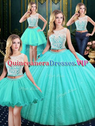 Sumptuous Four Piece Blue Tulle and Sequined Lace Up Scoop Sleeveless Floor Length 15th Birthday Dress Lace and Sequins