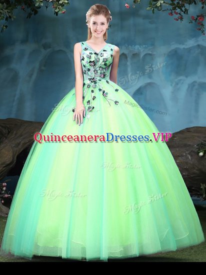 Ball Gowns Quinceanera Gown Multi-color V-neck Tulle Sleeveless Floor Length Lace Up - Click Image to Close