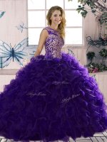 High End Purple Sleeveless Floor Length Beading and Ruffles Lace Up 15th Birthday Dress
