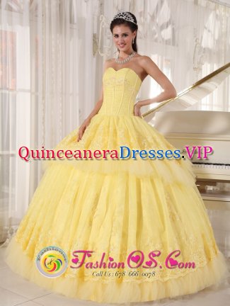 Atlanta Georgia/GA Organza and Tulle Light Yellow Sweetheart Lace Decorate Luxurious floor length Quinceaners Dress