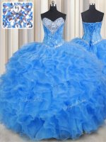 Fancy Baby Blue Lace Up Sweetheart Beading and Ruffles Quince Ball Gowns Organza Sleeveless