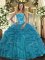 Affordable Teal Sleeveless Floor Length Beading and Ruffles Lace Up Vestidos de Quinceanera