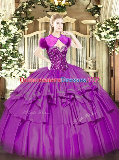 Floor Length Lace Up Quinceanera Dama Dress Fuchsia for Military Ball and Sweet 16 and Quinceanera with Beading and Ruffled Layers - Click Image to Close