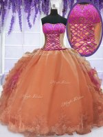 Orange Sweet 16 Quinceanera Dress Military Ball and Sweet 16 and Quinceanera with Embroidery and Ruffles Strapless Sleeveless Lace Up(SKU PSSW060-6BIZ)