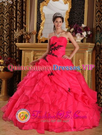 Boca Chica Dominican Republic Beautiful Appliques Decorate Bodice Red Quinceanera Dress Sweetheart Floor-length Organza ruffles Ball Gown