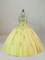 Yellow Halter Top Neckline Appliques and Embroidery Quinceanera Gowns Sleeveless Lace Up