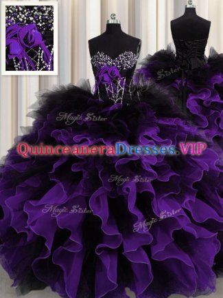 Traditional Black And Purple Sweetheart Neckline Beading and Ruffles 15 Quinceanera Dress Sleeveless Lace Up