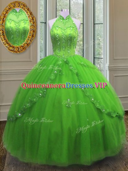 Fantastic Halter Top Tulle Lace Up Sweet 16 Dress Sleeveless Floor Length Beading and Appliques - Click Image to Close