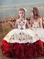 Organza Scoop Sleeveless Lace Up Embroidery and Ruffles Child Pageant Dress in White And Red