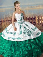 Sleeveless Organza Floor Length Lace Up Quince Ball Gowns in Green with Embroidery and Ruffles