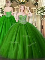 High End Green Ball Gowns Tulle Sweetheart Sleeveless Beading Floor Length Lace Up Sweet 16 Dress