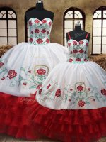 White And Red Sweetheart Neckline Embroidery and Ruffled Layers Sweet 16 Dresses Sleeveless Lace Up