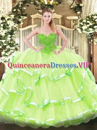 Floor Length Lace Up 15th Birthday Dress Yellow Green for Military Ball and Sweet 16 and Quinceanera with Lace