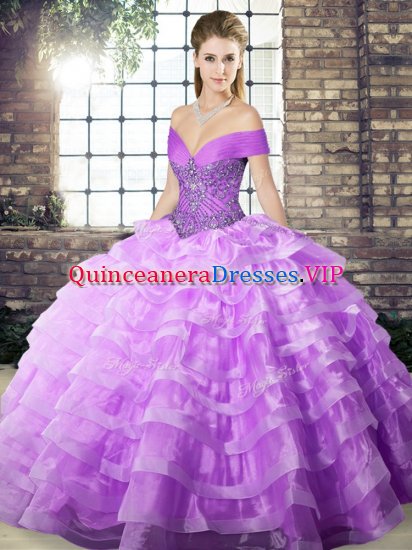 Extravagant Lavender Off The Shoulder Lace Up Beading and Ruffled Layers Quinceanera Dress Brush Train Sleeveless - Click Image to Close