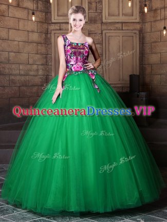 Exceptional One Shoulder Sleeveless Lace Up Floor Length Pattern Quinceanera Gown