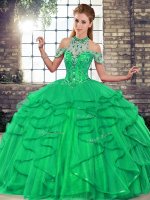 Ball Gowns Quinceanera Dresses Green Halter Top Tulle Sleeveless Floor Length Lace Up(SKU SJQDDT2109002-6BIZ)