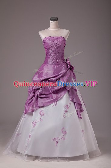 Adorable Embroidery and Pick Ups Sweet 16 Dresses White And Purple Lace Up Sleeveless Floor Length - Click Image to Close