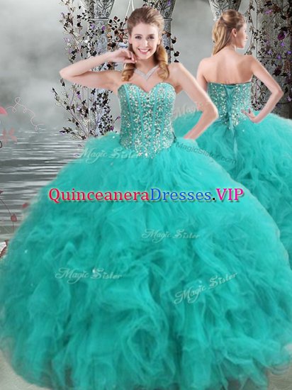 Sweetheart Sleeveless Ball Gown Prom Dress Floor Length Beading and Ruffles Turquoise Organza - Click Image to Close
