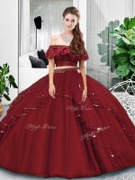 Best Selling Sleeveless Tulle Floor Length Lace Up 15 Quinceanera Dress in Burgundy with Lace and Ruffles