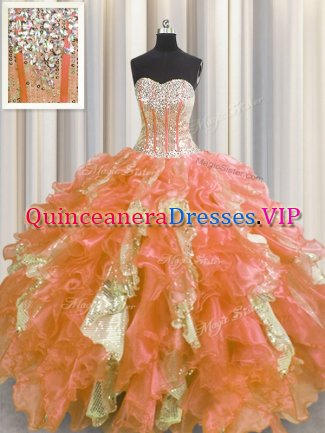 Fitting Visible Boning Multi-color Sweetheart Neckline Beading and Ruffles and Sequins Quinceanera Dress Sleeveless Lace Up