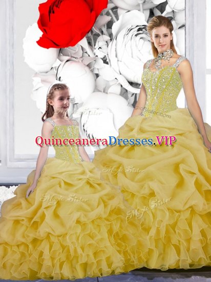 Fantastic Straps Floor Length Yellow Quinceanera Gown Organza Sleeveless Beading and Ruffles and Pick Ups - Click Image to Close