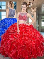 Romantic Floor Length Two Pieces Sleeveless Red Quinceanera Dress Side Zipper