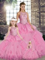 Rose Pink Lace Up Scoop Lace and Embroidery and Ruffles 15th Birthday Dress Tulle Sleeveless(SKU SJQDDT2118002-LGBIZ)