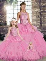 Rose Pink Lace Up Scoop Lace and Embroidery and Ruffles 15th Birthday Dress Tulle Sleeveless