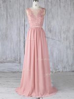 Smart Chiffon Scoop Sleeveless Sweep Train Backless Appliques Dama Dress for Quinceanera in Pink