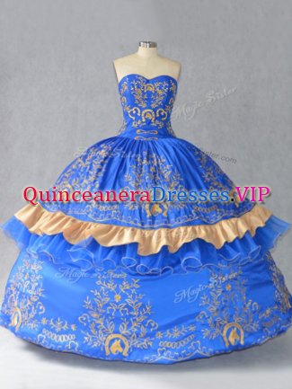 Glorious Blue Quince Ball Gowns Sweet 16 and Quinceanera with Embroidery and Bowknot Sweetheart Sleeveless Lace Up