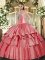 Cute Sleeveless Floor Length Beading and Ruffled Layers Lace Up Quinceanera Dresses with Coral Red