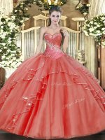 Adorable Coral Red Sleeveless Beading and Ruffled Layers Floor Length Quinceanera Dresses