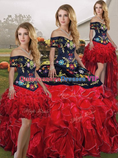 Embroidery and Ruffles Vestidos de Quinceanera Red And Black Lace Up Sleeveless Floor Length - Click Image to Close