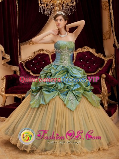 Fife Washington/WA Remarkable Olive Green Pick-ups Beading Strapless Quinceanera Dress With Taffeta and Tulle - Click Image to Close