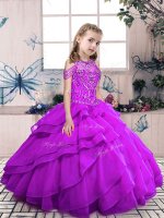 Floor Length Purple Pageant Gowns For Girls Organza Sleeveless Beading and Ruffled Layers