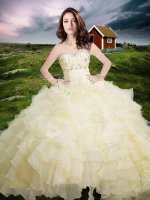 Glamorous Beading and Ruffled Layers Sweet 16 Dresses Light Yellow Lace Up Sleeveless Floor Length