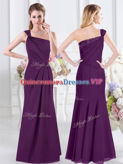 Hot Sale One Shoulder Purple Sleeveless Floor Length Ruching Side Zipper Court Dresses for Sweet 16 - Click Image to Close