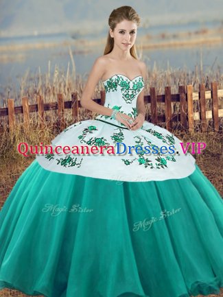 Customized Sweetheart Sleeveless 15 Quinceanera Dress Floor Length Embroidery and Bowknot Turquoise Tulle
