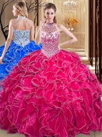 Flirting Halter Top Floor Length Hot Pink Ball Gown Prom Dress Organza Sleeveless Beading and Ruffles