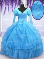 Pretty Baby Blue Organza Lace Up Quinceanera Dress Long Sleeves Floor Length Beading and Embroidery and Hand Made Flower(SKU PSSW096-3BIZ)