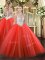 Glittering Coral Red Sleeveless Beading Floor Length Military Ball Gowns