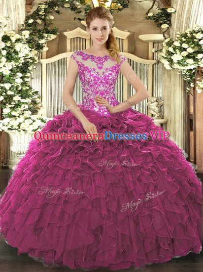 Superior Scoop Cap Sleeves Lace Up Quinceanera Dress Fuchsia Organza - Click Image to Close