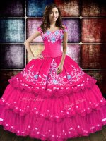 Edgy Taffeta Off The Shoulder Sleeveless Lace Up Embroidery and Ruffled Layers Vestidos de Quinceanera in Hot Pink
