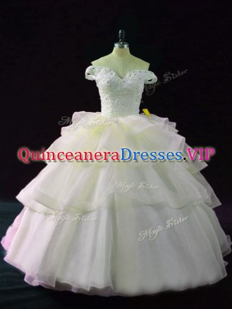 Off The Shoulder Sleeveless Organza Sweet 16 Quinceanera Dress Beading and Ruffled Layers Brush Train Lace Up