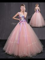 Customized Floor Length Baby Pink 15 Quinceanera Dress Tulle Sleeveless Appliques and Belt