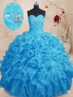 Stylish Sleeveless Floor Length Beading and Ruffles Lace Up Sweet 16 Quinceanera Dress with Baby Blue
