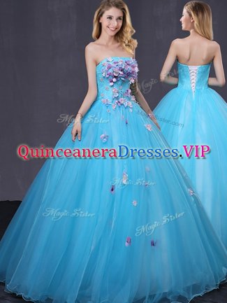 Sleeveless Floor Length Appliques Lace Up Quinceanera Gown with Baby Blue
