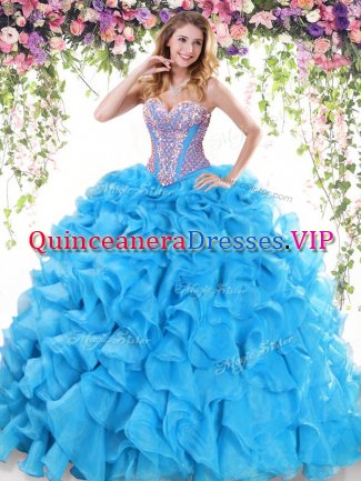 Sleeveless Sweep Train Beading and Ruffles Lace Up Vestidos de Quinceanera